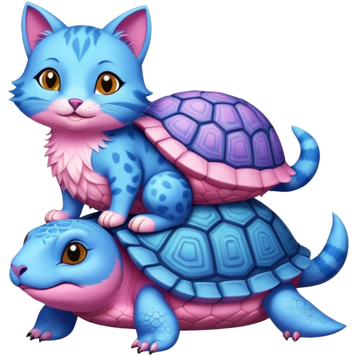 A blue cat turtle on top of a pink fox turtle emoji