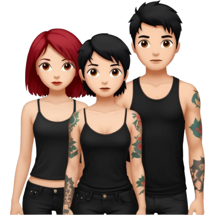 generate a fair boy with messy black hair, tattoos. standing beside a fair black haired girl wearing a black cami top and a tan girl with red hair emoji