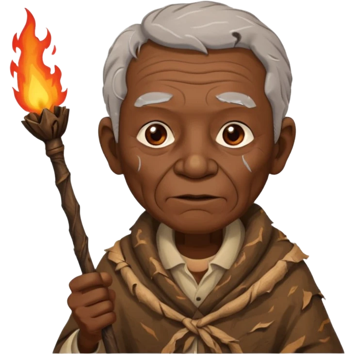 ancient africa old man, tattered animal skin cloth, hold fire stick emoji
