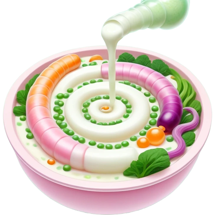 Ethereal bowl of bright white yogurt, translucent fermented vegetables, and golden bubbles gently floating around a luminous spiral intestine, vibrating in green and pink tones of balance and life. The scene shows probiotic foods connecting with and nourishing a glowing digestive system. emoji
