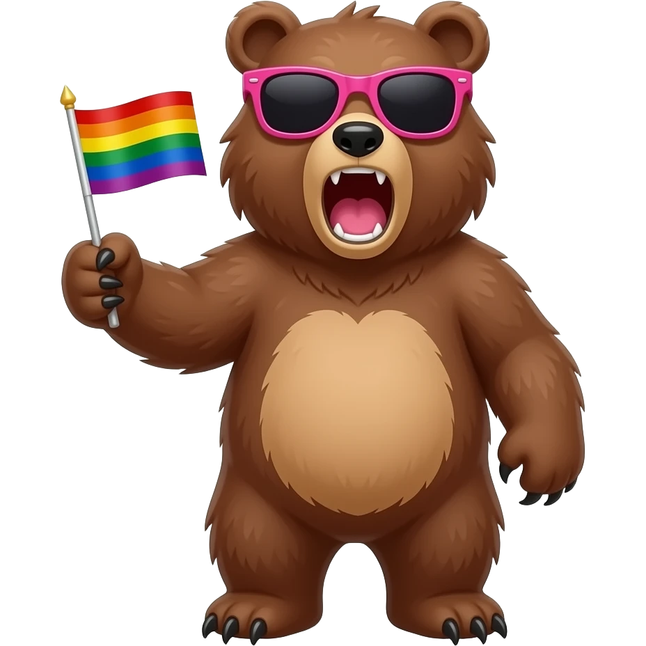 sassy grizzly bear pink sunglasses roar holding pride flag emoji