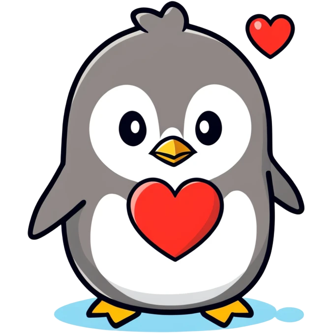 A pink penguin holding a heart that says I love you emoji