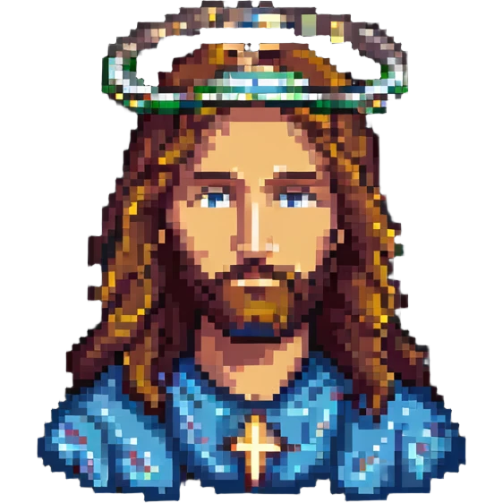 Jesus Christ with halo, long hair and beard, simple pixel art clothing, minimalist background emoji