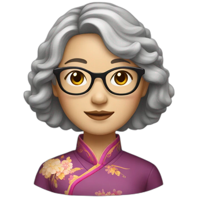 Chinese lady with shoulder length very lightly grey waves hair wear glasses with Chinese dress emoji