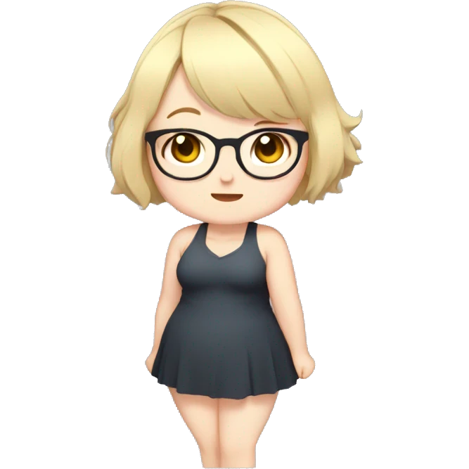 Chubby anime girl with glasses and short blond hair, full body wearing cute dress emoji