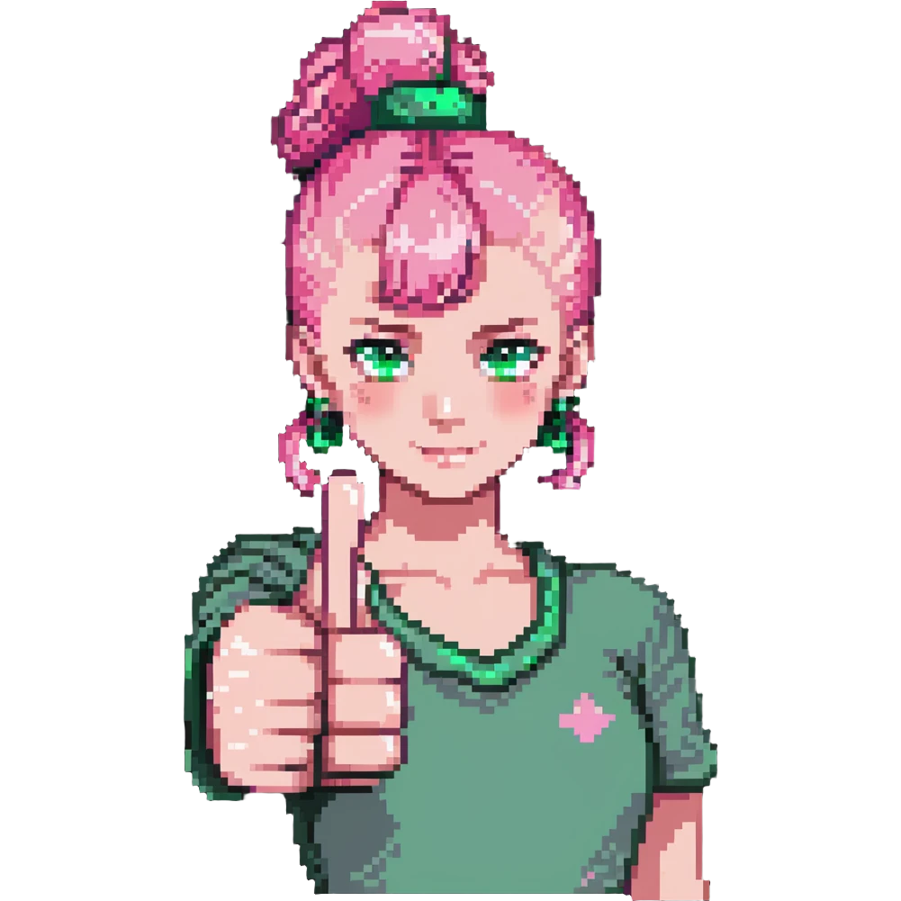 girl with pink topknot haircut and green eyes giving a thumbs up emoji
