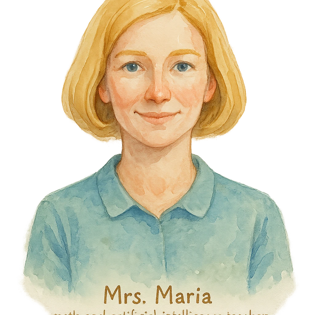 watercolor style Mrs. Maria, math and artificial intelligence teacher, no glasses, thin nose, blonde eyebrows, blonde bob hair, blue eyes emoji