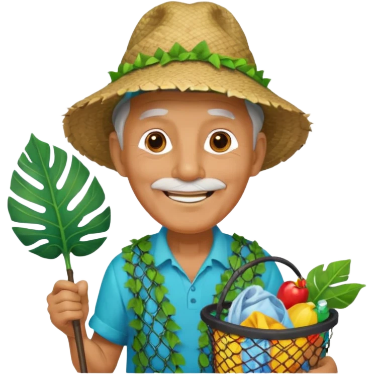 Hawaiian old man with leaf hat and big trash net and colorful cloth emoji