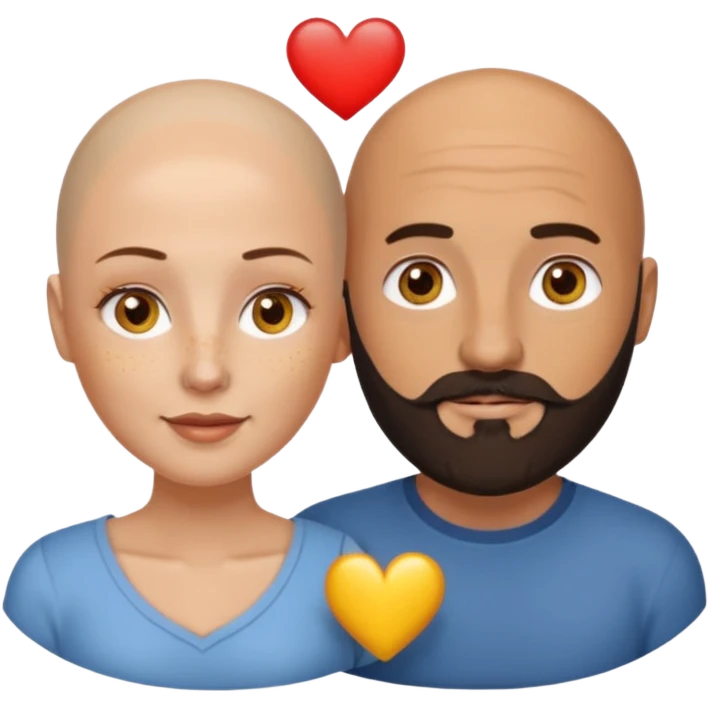 Couple. Bald man with dark brown-black beard. White woman with many small, faded freckles, white skin and she has auburn-yellow-brown-caramel, dark hair. She has light yellow-brown eyes. The man have hazel eyes. They are inside a big heart. emoji