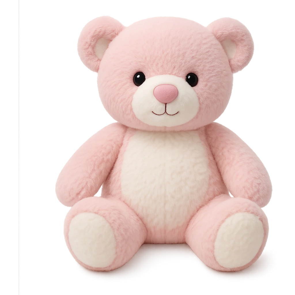 shadowless pink and white plush teddy bear, flat lighting, no background, soft and cuddly appearance emoji