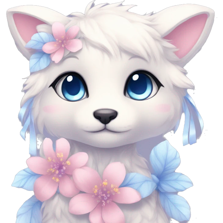 Anthro Cute Cool Blushing Pastel Innocent Shy Kawaii gorgeous sparkly ethereal fantasy anime animal creature with blue eyes furry sona with flowers and ribbons beautiful aesthetic emoji