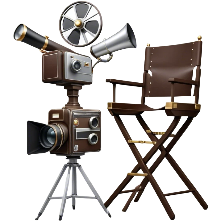 Icon for Directing: a director's chair, a large film camera, a megaphone, a stage set with lights and an Oscar statuette. The icon should represent the creative and leadership aspects of directing, with focus on film and theater production. Transparent background. emoji