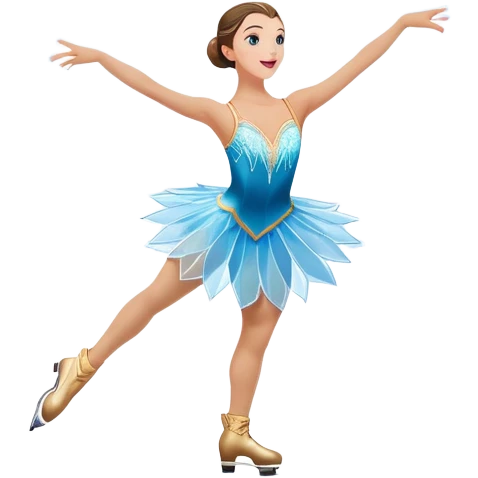 An icon of a theatrical ice show with close-up costumed figure skater performing a dramatic scene on a glowing ice stage. Spotlights, colorful scenery, and a cheering audience in a grand arena convey the magic and artistry of the ice performance. Transparent background included. emoji