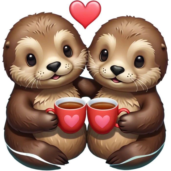 Two sea otters swimming together with heart and tea  emoji