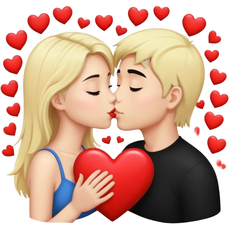 Couple of blonde girl and boy with black hair and fair skin is kissing with a lot of hearts around them emoji