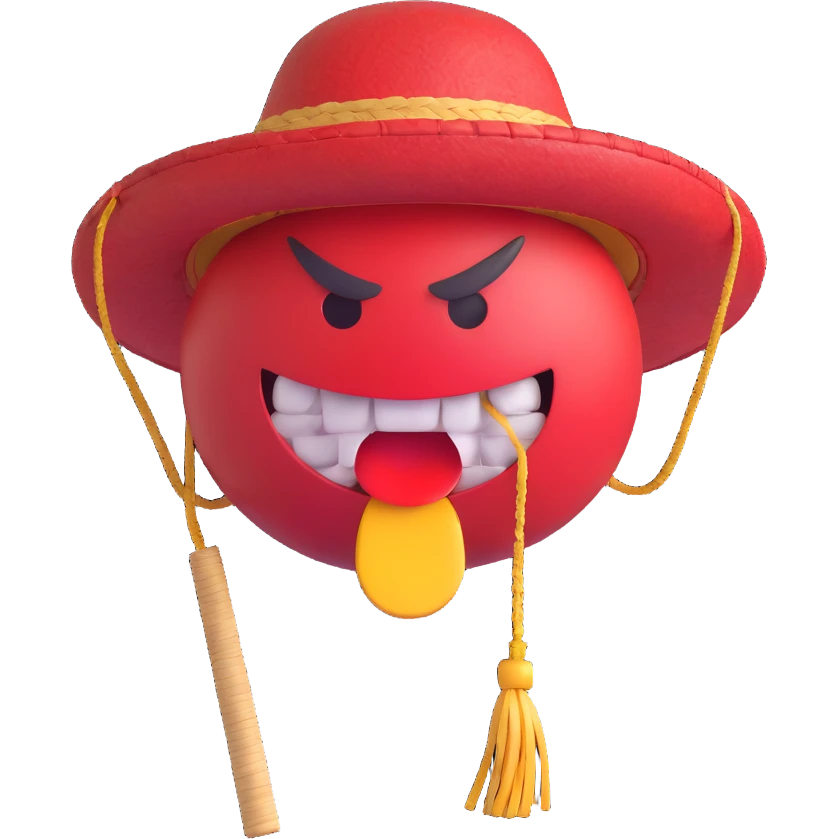 red angry emoji with grinding teeth, steam coming out of ears and nose, noose in the background, punching air, wearing a Chinese straw hat emoji