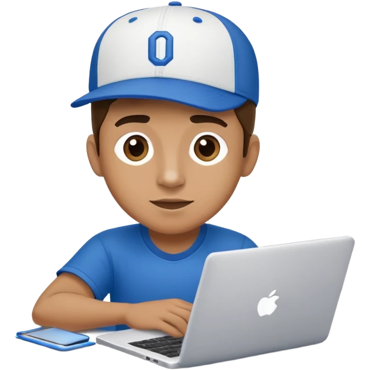 men with a blue white colored baseball cap which spells "On it!" seen from the side working on a laptop. Laptop cover spells "On it". emoji