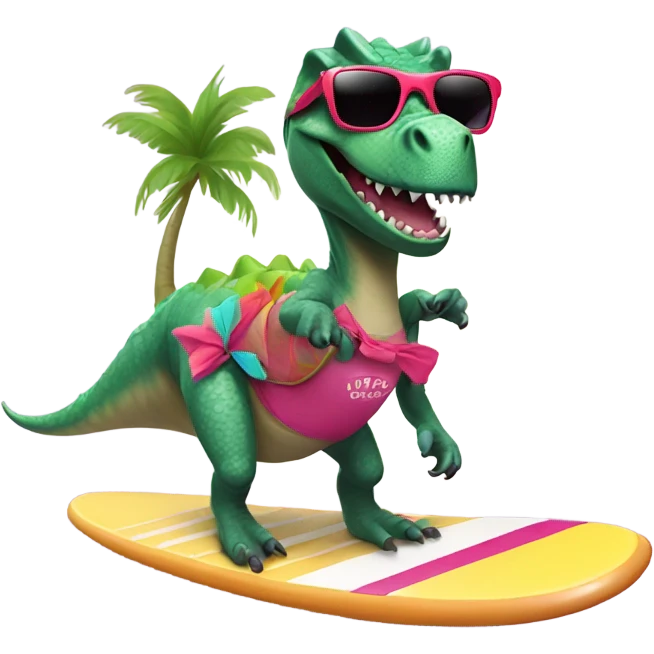 Dinosaur on a surfboard wearing a tutu and sunglasses emoji