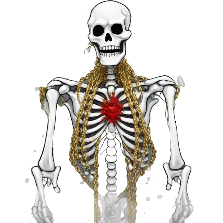 White skeleton zombie person covered in golden chains and black graffiti scribbles and red and silver doodles snowing snowflakes emoji