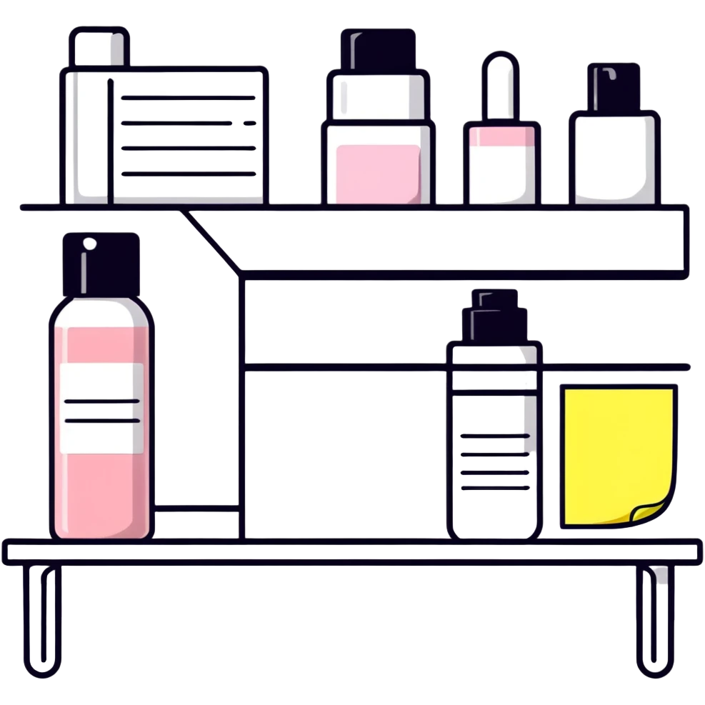 big long white shelf with one serum bottle labeled beauty brand and large sticky note next to it emoji