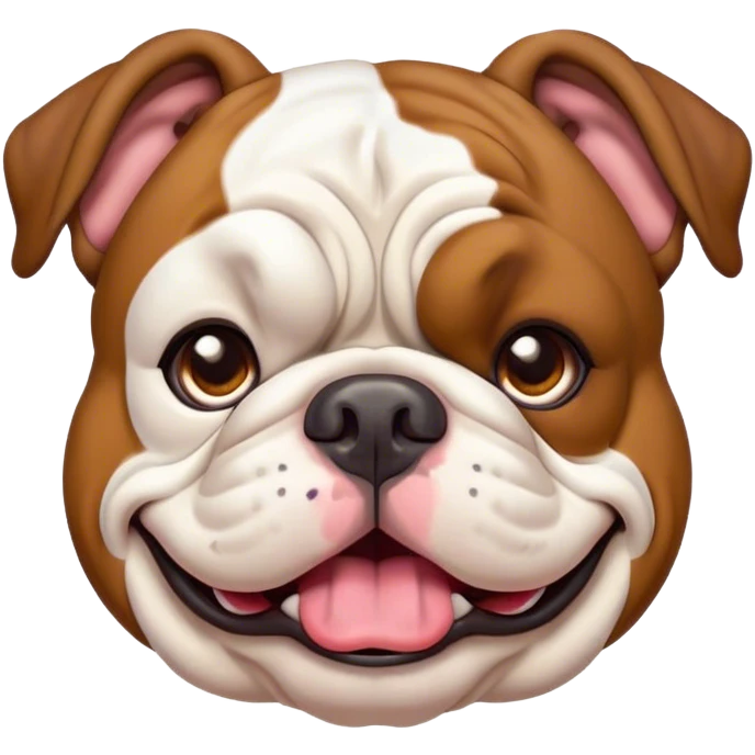Cinematic Comical Brown and White English Bulldog Portrait Emoji, Head tilted dramatically with an exaggeratedly amused expression, featuring a striking brown and white coat with a bold pattern, wide, expressive brown eyes filled with playful disbelief, Simplified yet hilariously expressive features, highly detailed, glowing with a slightly sassy glow, high shine, dramatic yet playful, stylized with an air of cheeky defiance, bright and endearing, soft glowing outline, capturing the essence of a spirited and over-the-top guardian, so meme-worthy it feels like it could side-eye its way into internet fame instantly! emoji