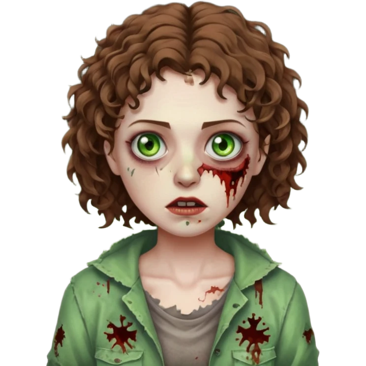 uma zumbi (mulher) com cabelos cacheados castanhos curtos e olhos verdes emoji