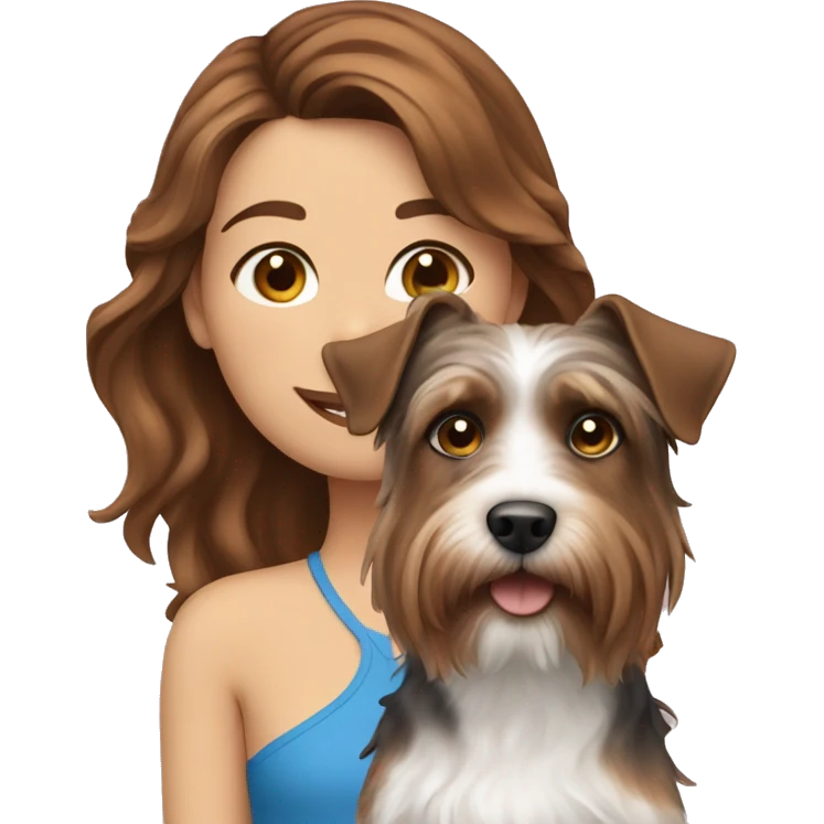  A girl with brown wavy hair and blue eyes and a dog York terrier emoji