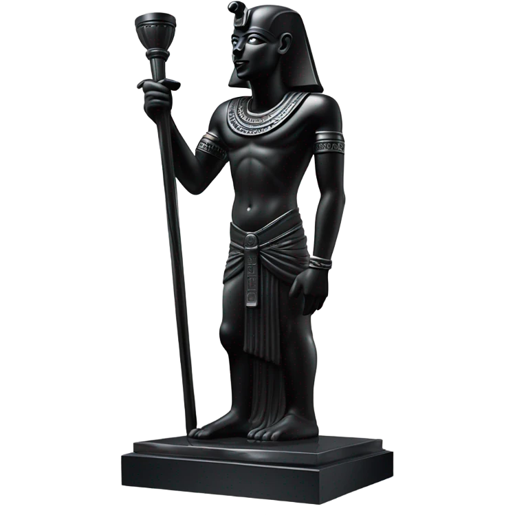 Osiris crook and flail obsidian statue on granite 30 ton brick, massive size, sunlight behind, sunset colors, reflections on black stone polished clean perfect, photography angles emoji