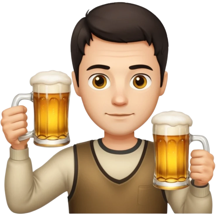 nordic man with short dark hair sitting and holding two mugs of beer emoji