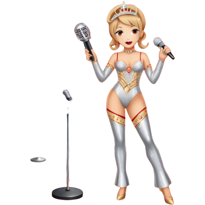 Create a glamorous and vibrant emoji that represents pop vocal performance. The emoji should feature a vintage stage microphone on a red carpet, with a spotlight shining on it. The stage should be empty but illuminated with concert lights, creating an atmosphere of excitement. Add elements like a festive firework display and a sparkling costume with rhinestones. Surround the scene with a ribbon made of musical notes to symbolize the connection to music. Use bright colors like gold, red, and silver, with a touch of sparkle to convey the glamour and energy of pop vocal performance. The background should be transparent. emoji