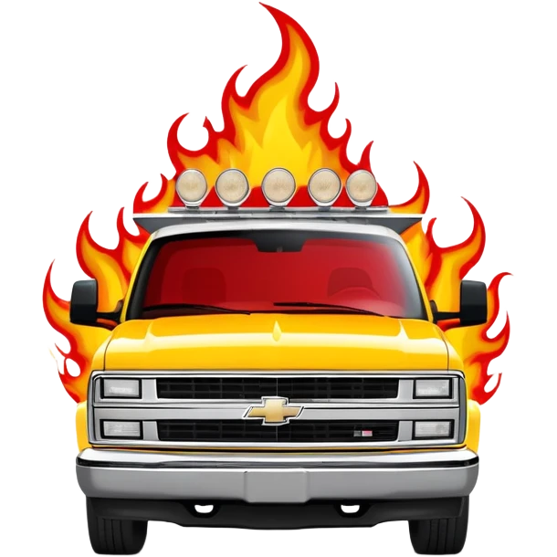 Yellow 1997 Chevrolet C-2500 Crew Cab with dramatic airbrushed red flame artwork flowing from front to sides, detailed flame design exactly like Kill Bill's Pussy Wagon, 30-degree view, iOS emoji style emoji