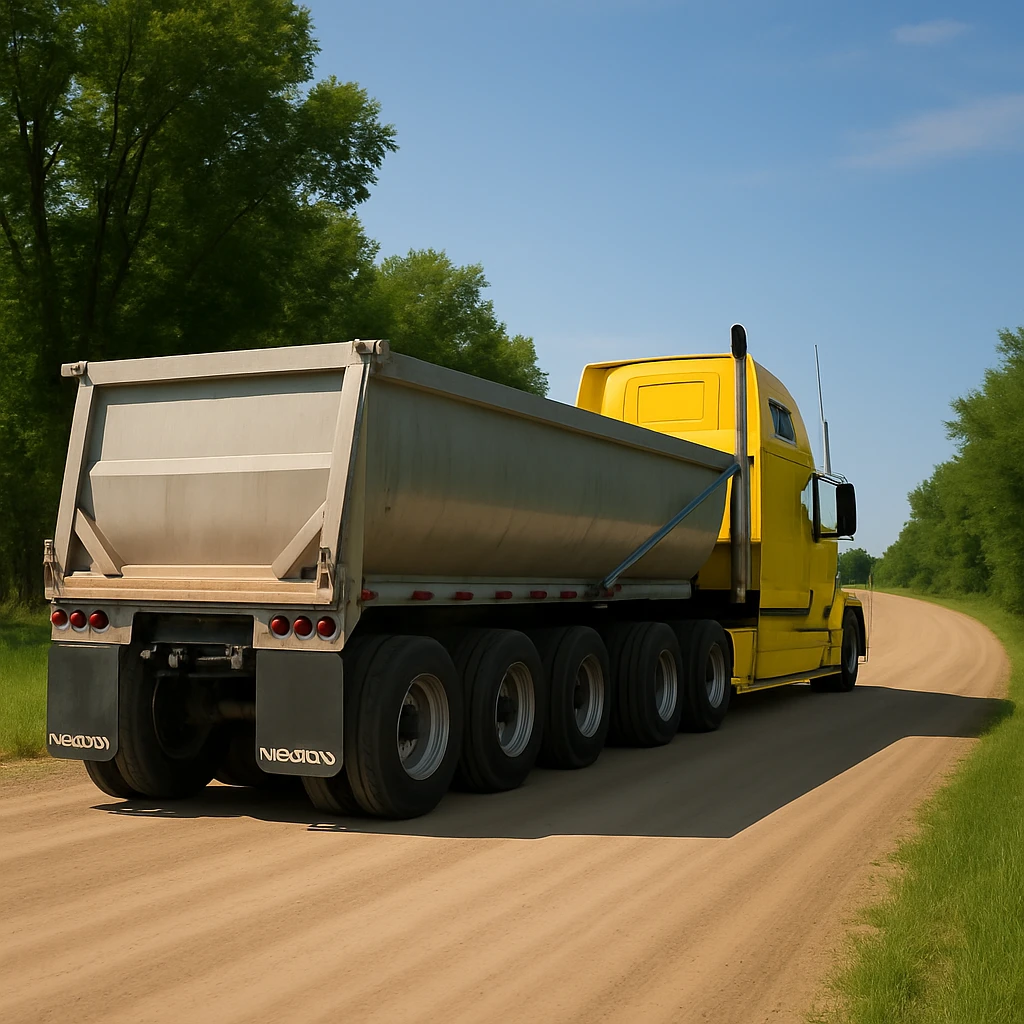 Make the silver end dump trailer significantly longer, keep the Volvo yellow semi sleeper truck and rear three-quarter angle, photorealistic, driving away down a photorealistic dirt road with trees and grass on both sides, blue sky. Maintain photorealistic style and lighting. emoji