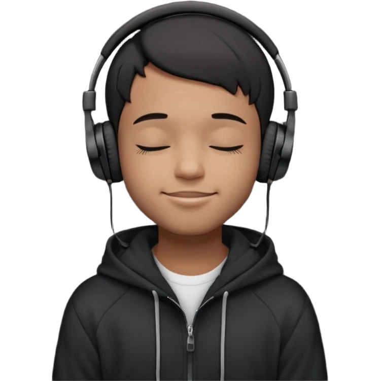 Young Black male, short hair, eyes closed, soft cheeky smile, calm and proud vibe. Dark hoodie, big black over-ear headphones. Focus on face and expression; exaggerate smile and eyes for small emoji size. Background optional. emoji