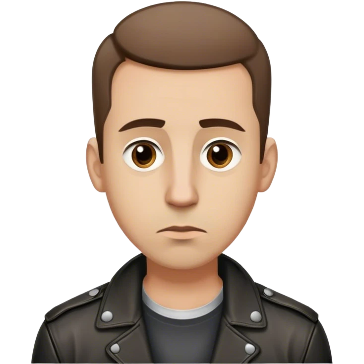 Man in his thirties. Shaved short brown hair, Big brown eyes, eyes slighly sad, wearing a leather jacket and a necklace, Big nose. emoji