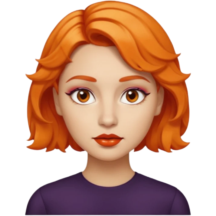 A person emoji with light skin, short orange wavy hair swept to one side, matching orange eyebrows, brown eyes, an oval-shaped face, a small nose, and dark lipstick. emoji