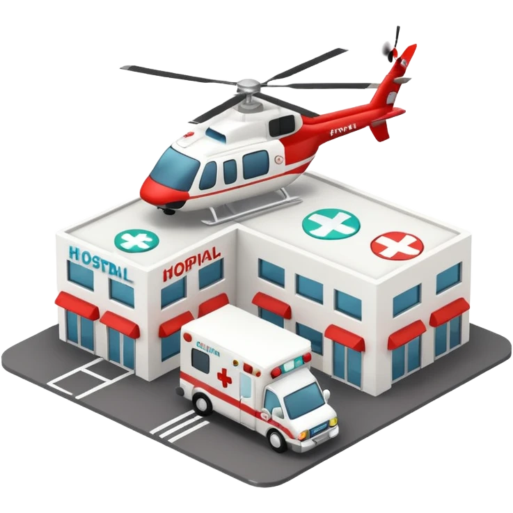 3d hospital outside, with text hospital, ambulance, helicopter , no background emoji