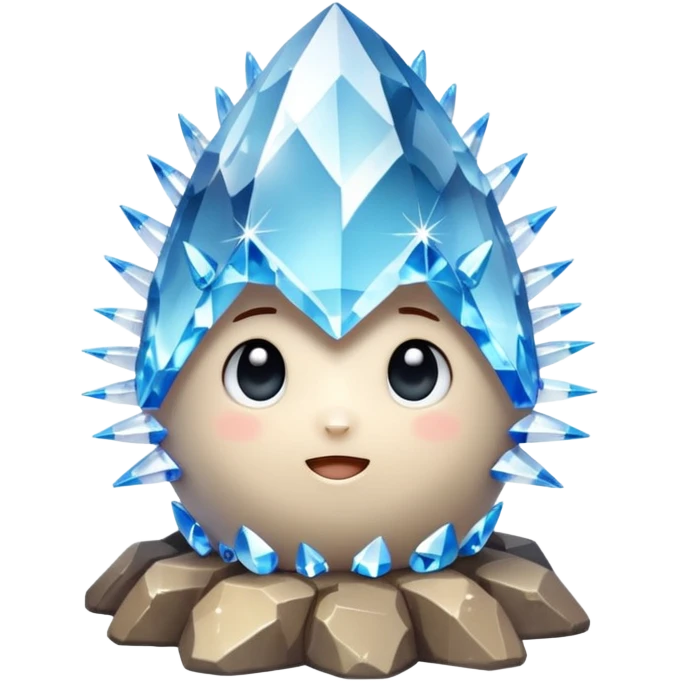 A single cute crystal rock character inspired by a clear quartz cluster, chunky round base with many tall transparent crystal spikes growing upward all around it  emoji