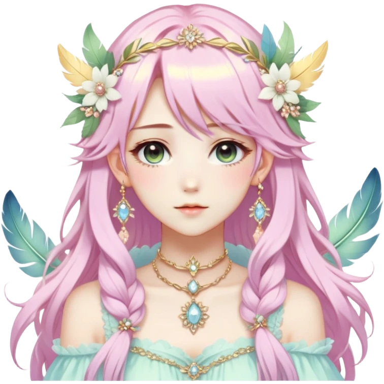 Beautiful gorgeous anime lady with beautiful pastel-special-hair, fashion aesthetic, ethereal, fairycore, pastelcore, feather, flower, crystals, accessories, gold jewelries, gold, colorful, gold laurel, gold halo, cottagecore,  emoji