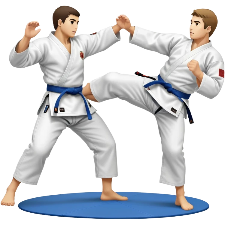Two judo practitioners in traditional gi, one executing a powerful throw while the other is countering with a defensive move. The background features a judo mat and a focused dojo atmosphere. Transparent background highlights the precision and technique of judo. emoji