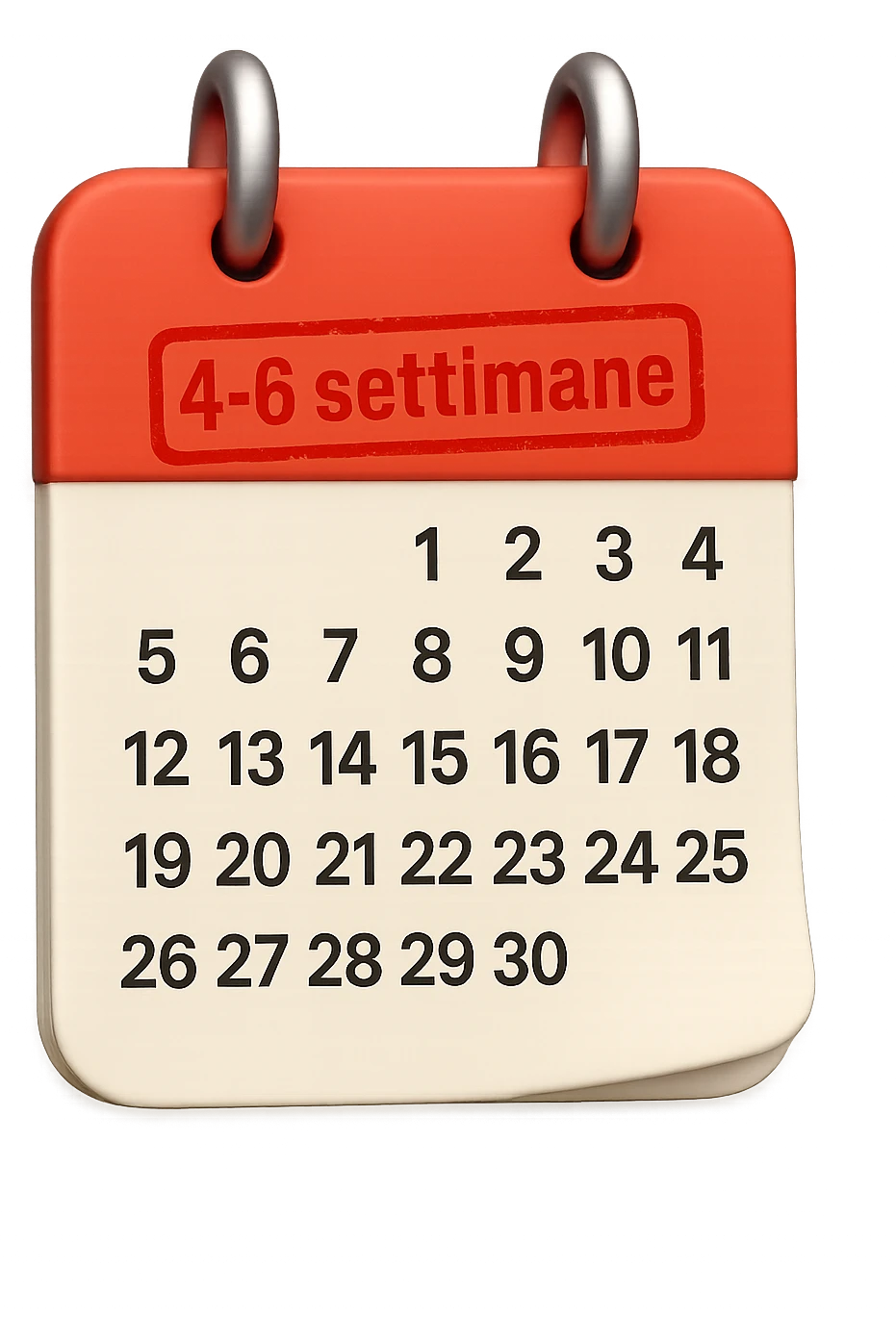foglio di calendario con le date scritte, con timbro rosso con la scritta "4-6 settimane" sopra, stile emoji iphone, iperrealistico 4k emoji