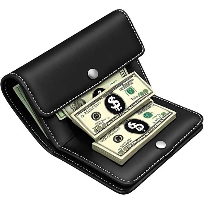 Rich emoji style black leather wallet with dollar bills, luxury money vibe, premium 3D emoji, ultra clean, high detail, no background
 emoji