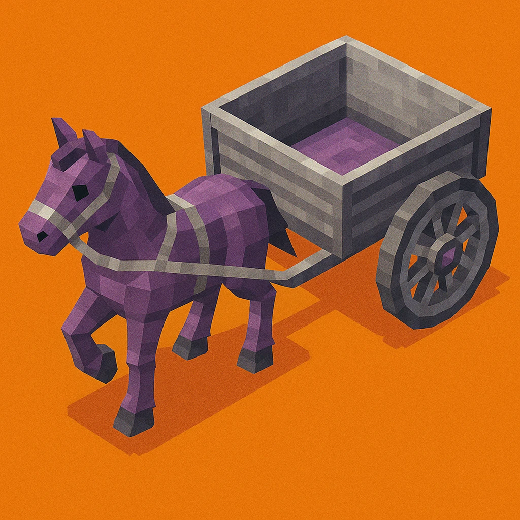 Isometric horse and cart with color variation: purple and silver, keep original style low poly 3d. emoji