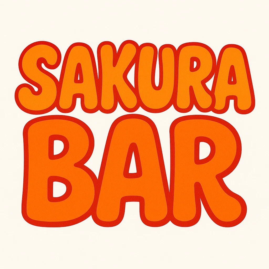 bubble letters in orange and red that say 'Sakura Bar', playful and bold, with a fun, inviting vibe emoji