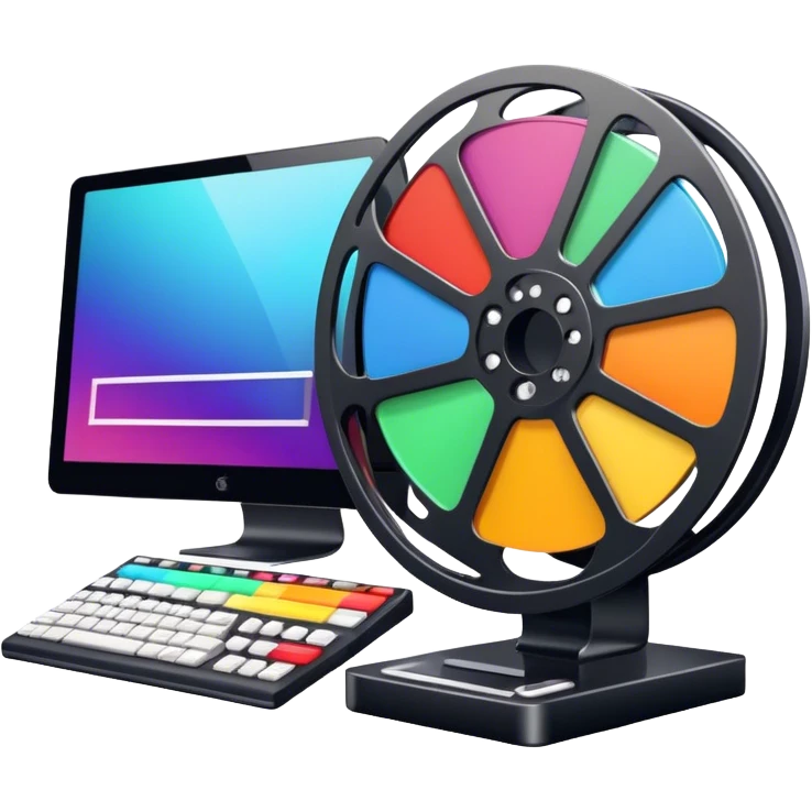 a vibrant and modern icon representing Animation and Motion Design, featuring elements like a film reel, a computer screen displaying animation, dynamic motion lines, and a cinematographic film strip on an editing table. colorful, and dynamic, without any emojis. The background  transparent. emoji