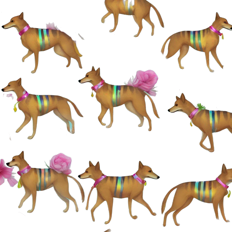  brindle brown black maroon striped lurcher Alsatian fox running blue eyes and iridescent holographic oilslick harness wearing paper iridescent tropical flower crown yellow caution tape emoji