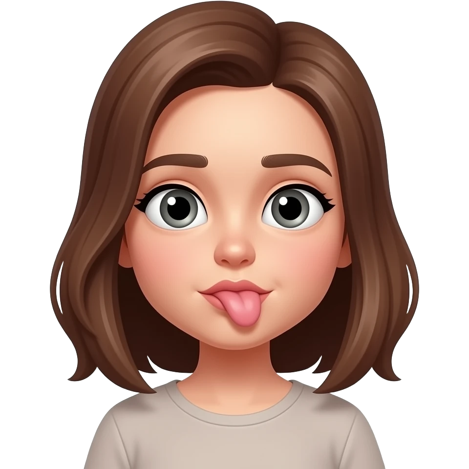 a cross eyed girl with brown hair with their tounge out looking weird and has a double chin emoji