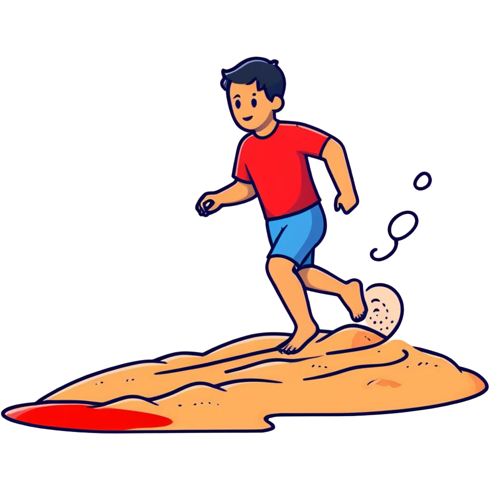 person hopping on hot beach sand with red pain marks on foot and steam rising from the sand emoji