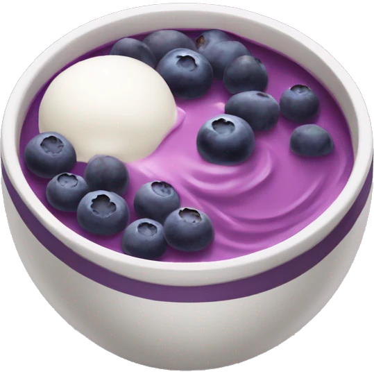 vertical view of bowl with purple yogurt and blueberries and acai emoji