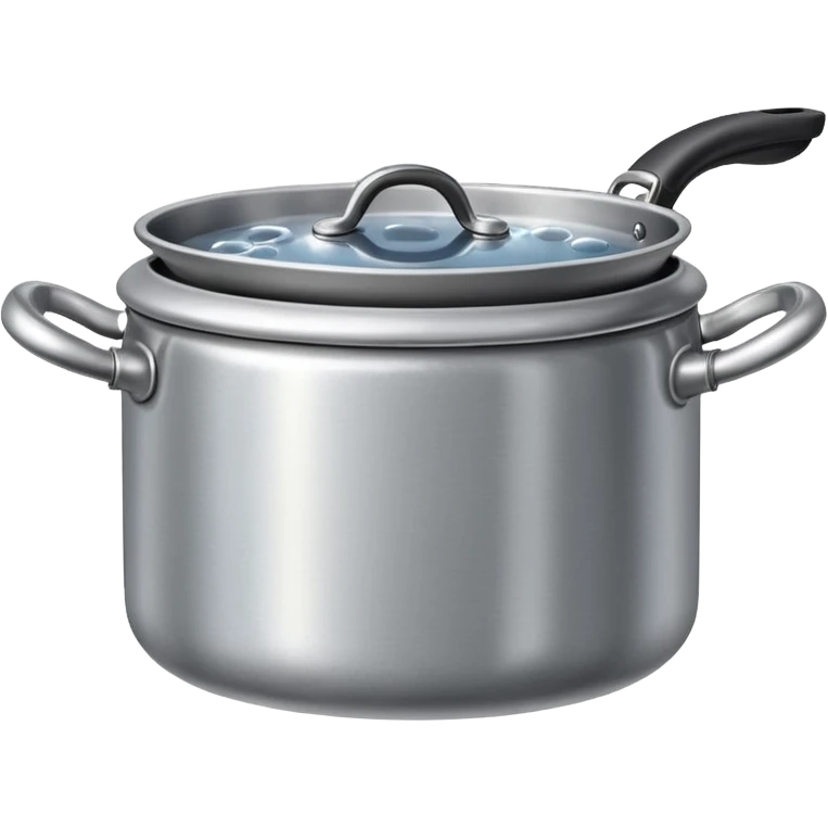 small metal pot filled with boiling water on a stove, visible hot steam and rising bubbles, realistic heat effect, shiny pot surface, bright lighting, clean white background emoji