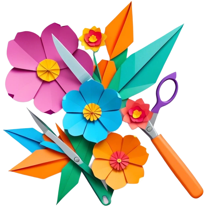 Paper crafting icon, colorful paper sheets, origami figures, 3D paper flowers, visible scissors and craft knife, minimalistic style, clean lines, transparent background. emoji